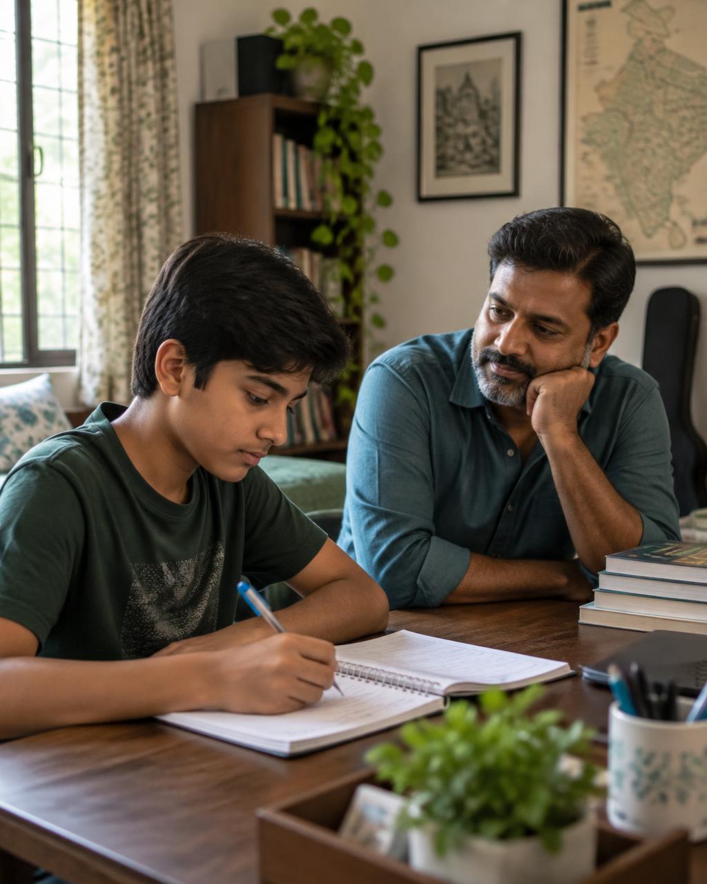 A father listening as his teenage son plans his week at a desk